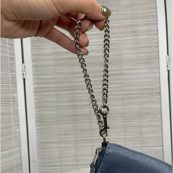 Coach Blue Crossgrain Leather Chain Wristlet Clutch Silver Hardware NWT - Picture 7 of 9